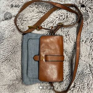 Fossil Brown and Denim Crossbody Bag